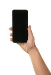 Female hand with mobile phone on white background