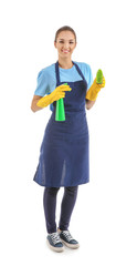 Woman with brush and detergent for cleaning on white background