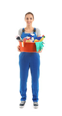 Woman with cleaning supplies on white background