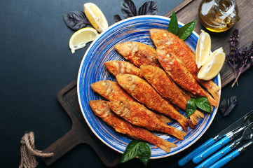 Fried seafood (‘red mullet’, ‘barbule’) on on a blue plate, dark background