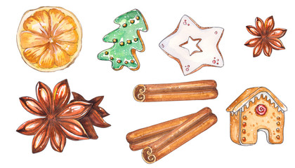 Fototapeta na wymiar Hand drawn watercolor set of Christmas sweets.