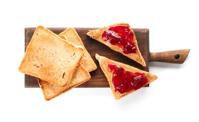 Board with sweet toasted sandwiches on white background