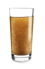 Glass of dirty water on white background