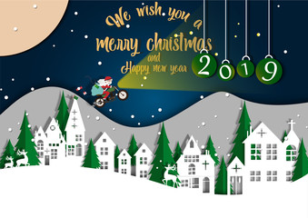Fototapeta na wymiar Merry Christmas and Happy New Year. Illustration of Santa Claus motorcycle classic, paper art and digital craft style, Christmas background copy space for text or messages for the New Year 2019.