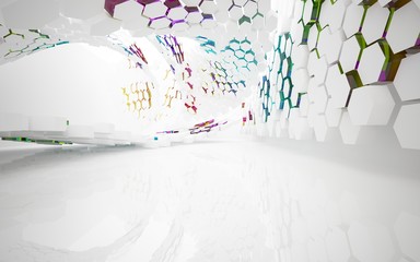 abstract architectural interior with white hexagonal honeycombs and geometric glass lines. 3D illustration and rendering