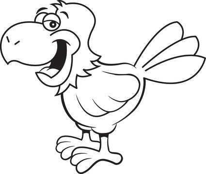 Black and white illustration of a happy parrot.