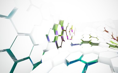 abstract architectural interior with white hexagonal honeycombs and geometric glass lines. 3D illustration and rendering