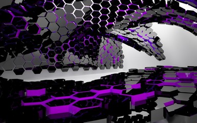 Abstract interior with glossy black and violet hexagonal honeycombs. 3D illustration and 3D rendering