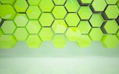 Abstract dynamic interior with  colored hexagonal honeycombs. 3D illustration and rendering