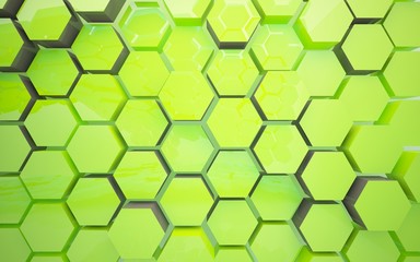 Abstract dynamic interior with  colored hexagonal honeycombs. 3D illustration and rendering
