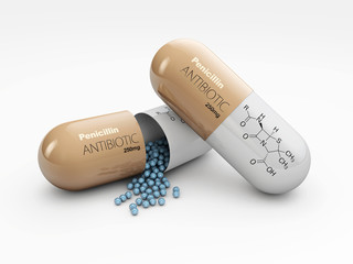 3d Illustration of Pharmacy theme, medicine antibiotic open pill, isolated white