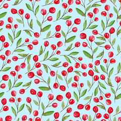 Seamless pattern with red berries. Watercolor hand rawn