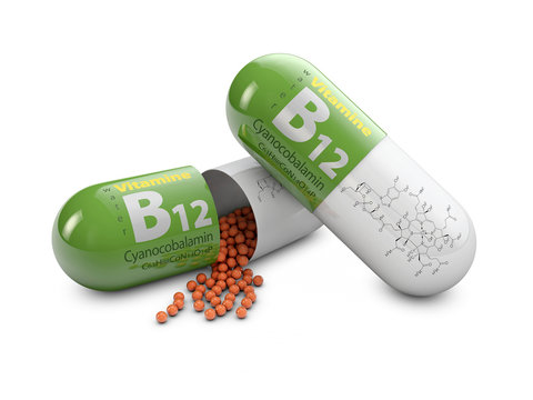 3d rendering vitamin B12 pills over white background. Concept of dietary supplements