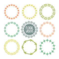 Collection of round frames decorated with scandinavian floral patterns