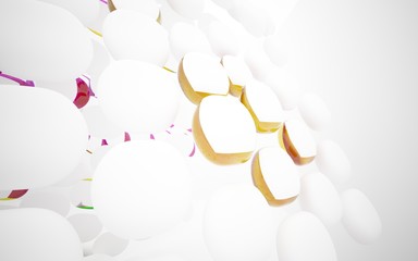 Abstract dynamic interior with white smooth objects and  colored glass lines. 3D illustration and rendering