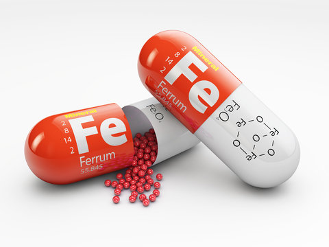 Pill with iron FE element. Dietary supplements. 3d illustration