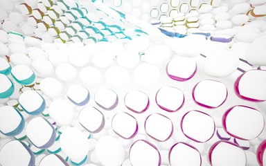 Abstract dynamic interior with white smooth objects and  colored glass lines. 3D illustration and rendering