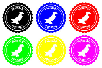 Pakistan - rubber stamp - vector, Islamic Republic of Pakistan map pattern - sticker - black, blue, green, yellow, purple and red