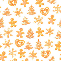 Seamless pattern with 3D realistic xmas sweet brown gingerbread cookies shaped like heart, man, cnristmas tree, snowflakes. 