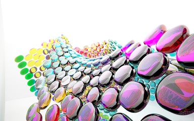 abstract architectural interior with colored smooth glass sculpture with black lines. 3D illustration and rendering