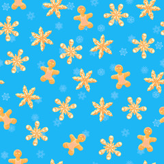 Seamless pattern with 3D realistic xmas sweet brown gingerbread cookies shaped like man and snowflakes at bright blue background. 