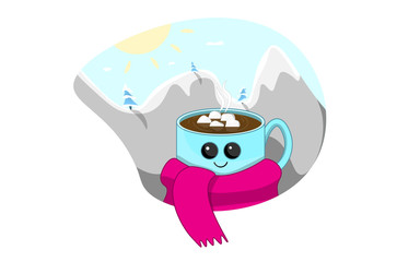 A cute mug of hot chocolate with pieces of marshmallow, dressed in a warm scarf, against the backdrop of a mountain landscape.