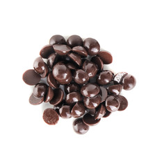 Delicious dark chocolate chips on white background