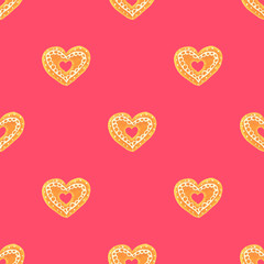 Fototapeta na wymiar Seamless pattern with 3D realistic xmas sweet brown gingerbread cookies shaped like heart at light red pastel background. 