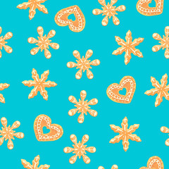 Seamless pattern with 3D realistic xmas sweet brown gingerbread cookies shaped like hearts and snowflakes with white icing at bright blue background.