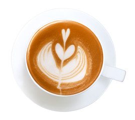 Hot coffee cappuccino latte art heart flower shape top view isolated on white background, clipping path included