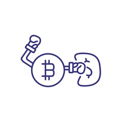 Bitcoin boxing line icon. Bitcoin fights dollar banknote on white background. Cryptocurrency concept. Vector illustration can be used for topics like money, finance, economy, investment