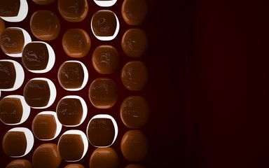 Abstract interior of the future in a minimalist style with orange sculpture. Night view from the backligh. Architectural background. 3D illustration and rendering