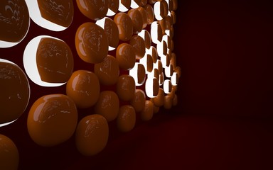 Abstract interior of the future in a minimalist style with orange sculpture. Night view from the backligh. Architectural background. 3D illustration and rendering