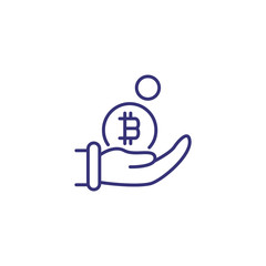 Bitcoin in hand line icon. Bitcoin symbol in human hand on white background. Cryptocurrency concept. Vector illustration can be used for topics like money, finance, economy, investment