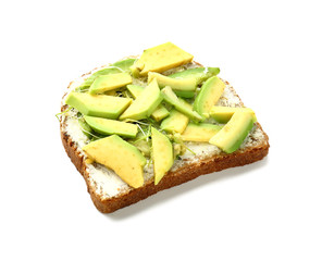 Delicious toast with avocado on white background