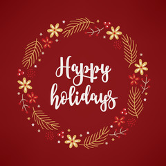 Christmas wreath with bows, fir branches, berries and snowflakes