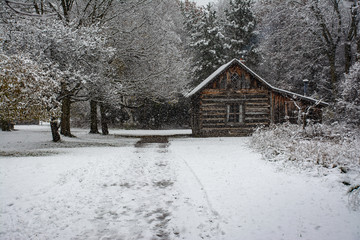winter log cabin