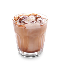 Glass of tasty cold coffee on white background