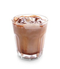 Glass of tasty cold coffee on white background