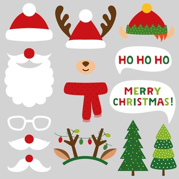 Santa Claus, deer and elf Christmas photo booth props (hats, beard, mustaches, antlers)
