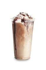 Plastic cup of tasty cold coffee with chocolate on white background
