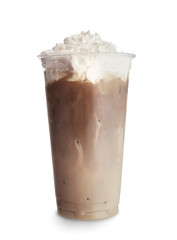 Plastic cup of tasty cold coffee on white background
