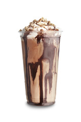 Obraz na płótnie Canvas Plastic cup of tasty cold coffee with chocolate on white background