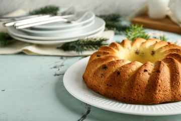 Tasty homemade Christmas pie on plate
