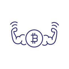Power of bitcoin line icon. Two strong muscle arms with bitcoin sign on white background. Cryptocurrency concept. Vector illustration can be used for topics like money, finance, economy, investment