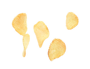 Tasty crispy potato chips on white background