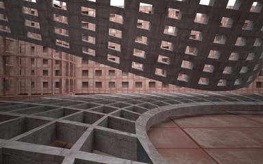 Empty abstract room interior of sheets rusted metal and brown concrete. Architectural background. 3D illustration and rendering