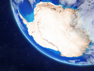Antarctica on planet Earth from space with country borders. Very fine detail of planet surface and clouds.