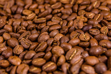 Background of many roasted coffee beans. Selective focus