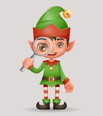 Magnifying glass search christmas elf boy santa claus helper new year 3d cartoon design vector illustration